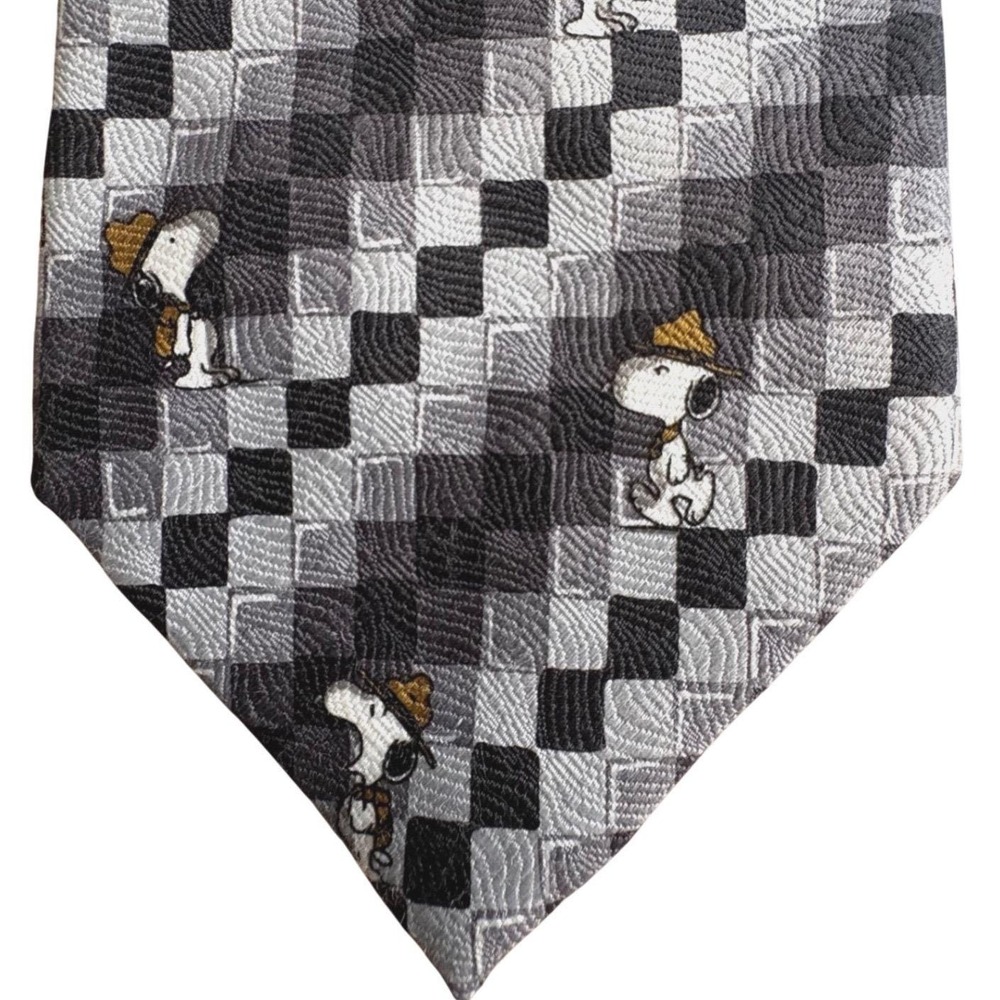 Vtg PEANUTS Snoopy Myung Ju Silk Necktie Checkered Boyscout Pattern Tie Retro